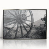 Mid-century modernist art featuring a collection of colorful service vehicles on a silver-framed acrylic print.