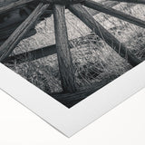 Art deco poster featuring a collection of vintage service vehicles in muted sepia tones on rolled canvas.