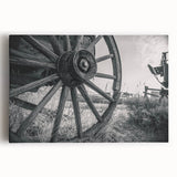 Black and white stretched canvas featuring a collection of vintage service vehicles, ideal for kitchen wall art.