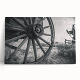 A black and white stretched canvas featuring a detailed illustration of vintage service vehicles, ideal for kitchen wall art.