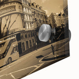 Large abstract wall art of service vehicles in mid-century modernist style, rendered in bold colors on acrylic glass.