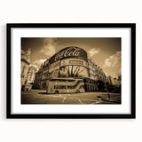 Extra large abstract art print featuring colorful, textured depiction of service vehicles on a black framed canvas.