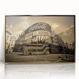 Mid-century modernist style large art print of colorful service vehicles on a gold-framed acrylic.