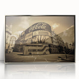 Mid-century modernist art depicting a colorful collection of stylized service vehicles on a silver-framed acrylic print.