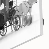 Large abstract wall art featuring assorted mid-century modernist service vehicles in vibrant colors on acrylic glass.