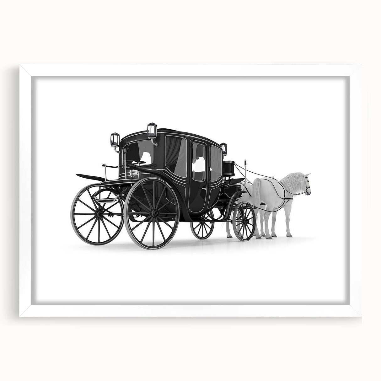Abstract art print of colorful service vehicles on a white framed mat, ideal for dining room decor.