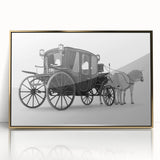 Mid-century modernist art print of colorful service vehicles on a gold framed acrylic, ideal for nursery wall decor.