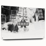 Acrylic print of a side view of assorted service vehicles in muted gray and blue tones, suitable for dining room decor.