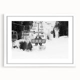 Abstract art print of colorful service vehicles on white canvas, framed with a white mat, suited for dining room decor.