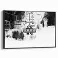 Black and white framed canvas of vintage service vehicles in a row, ideal for bedroom wall decor.