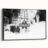 Black and white framed canvas of vintage service vehicles in a row, ideal for bedroom wall decor.