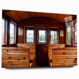 Acrylic print of abstract transportation vehicles in muted gray and blue tones, suitable for bedroom or dining room art.