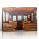 Mid-century modernist art featuring assorted service vehicles in muted colors on a large acrylic print.