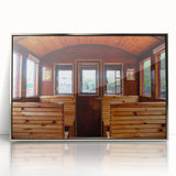 Mid-century modernist art of colorful service vehicles, acrylic print in silver frame, ideal for nursery wall decor.