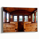 Landscape art painting of colorful vintage service vehicles on black background, framed canvas ideal for office decor.