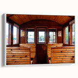 Vintage poster art of colorful service vehicles on a black background, framed canvas, ideal for living room decor.