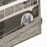 Mid-century modernist style large abstract art print featuring vibrant transportation vehicles on acrylic glass.