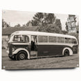 Acrylic print of a side view of service vehicles in muted gray and blue tones, ideal for dining room decor.