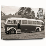 Acrylic print of a side view of service vehicles in muted gray and blue tones, ideal for dining room decor.