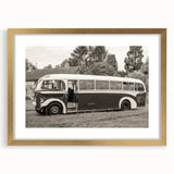 Extra large abstract art print depicting textured service vehicles in muted earth tones on a gold-framed canvas.