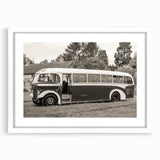 Abstract art print of assorted service vehicles in muted blue and green, acrylic print, suitable for dining room decor.