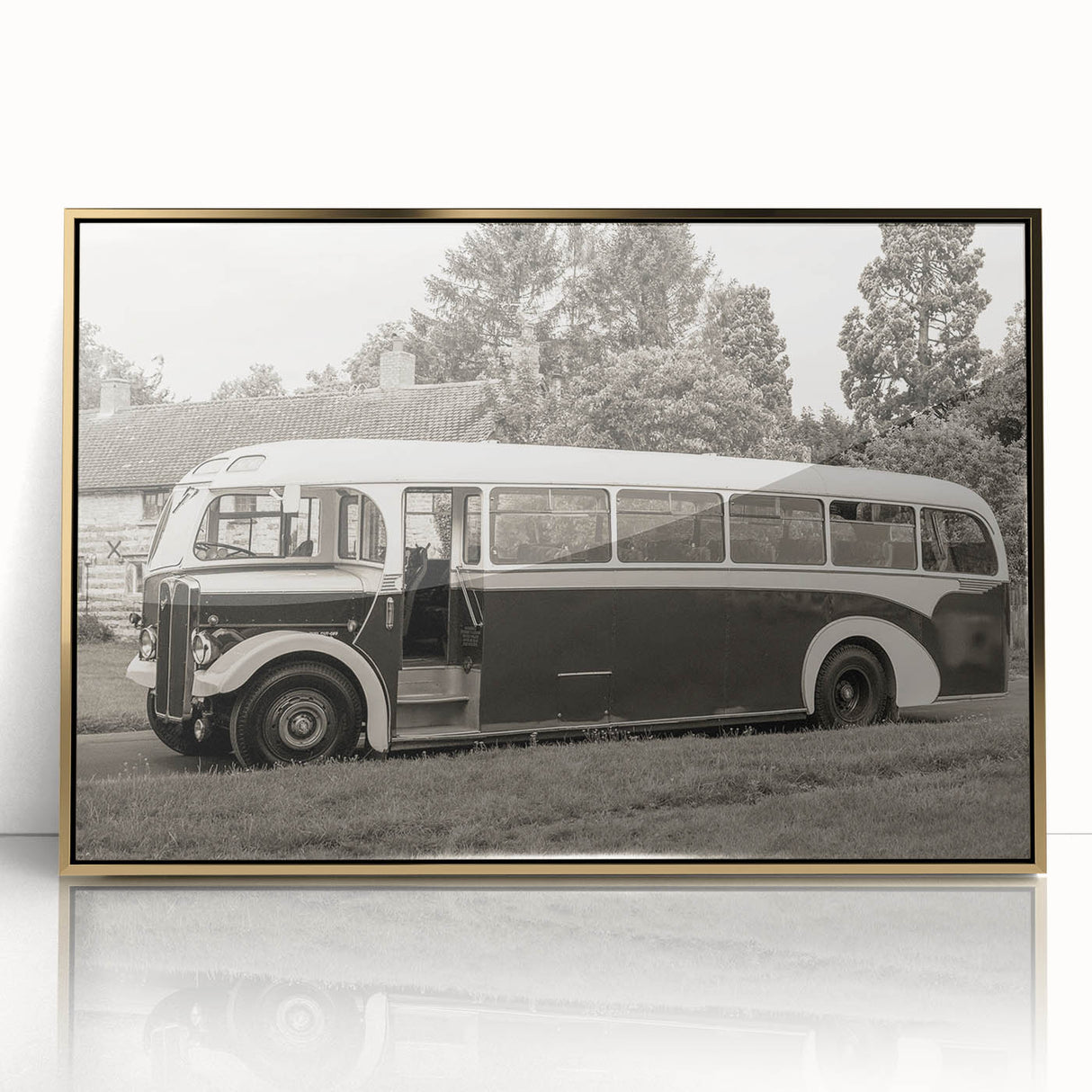 Mid-century modernist style large art print of various service vehicles in muted colors on framed acrylic.