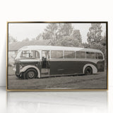 Mid-century modernist style large art print of various service vehicles in muted colors on framed acrylic.