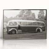 Mid-century modernist art depicting a vintage car in pastel shades, silver framed acrylic, ideal for nursery wall art.