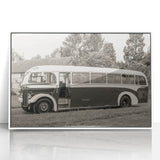 Art deco poster of colorful vintage vehicles on white acrylic, ideal for nursery wall art.