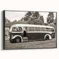 Black and white vintage poster art of landscape with service vehicles on framed canvas, ideal for bedroom wall decor.