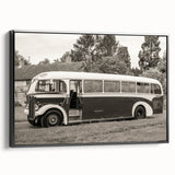 Black and white vintage poster art of landscape with service vehicles on framed canvas, ideal for bedroom wall decor.