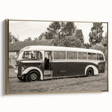 Framed canvas featuring a vintage poster of a black classic car in a landscape setting, ideal for bedroom wall art.