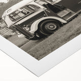 Art deco poster featuring a collection of stylized service vehicles in muted earth tones on rolled canvas.