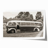 Art wall featuring a collection of vintage service vehicles in muted earth tones on a rolled canvas.