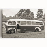 Black and white stretched canvas featuring a collection of vintage service vehicles, suitable for kitchen wall art.