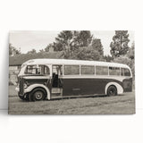 Black and white photo of a vintage car on stretched canvas, ideal for kitchen wall art or bedroom ambiance.