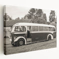 Side view of a vintage blue car on a stretched canvas, in muted blue and gray tones, ideal for kitchen wall art.