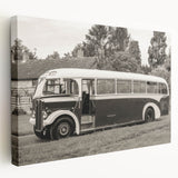 Side view of a vintage blue car on a stretched canvas, in muted blue and gray tones, ideal for kitchen wall art.