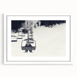 Abstract art print featuring a colorful assortment of stylized service vehicles, framed in white.