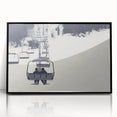 Large abstract wall art featuring mid-century modernist style service vehicles in muted earth tones, framed acrylic.