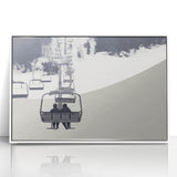 Art deco poster of colorful vintage cars on white acrylic, ideal for nursery wall decor.