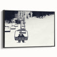 Black and white vintage poster art of service vehicles on framed canvas, ideal for bedroom wall decor.