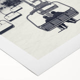 Art deco poster featuring a collection of vintage service vehicles in muted earth tones on rolled canvas.