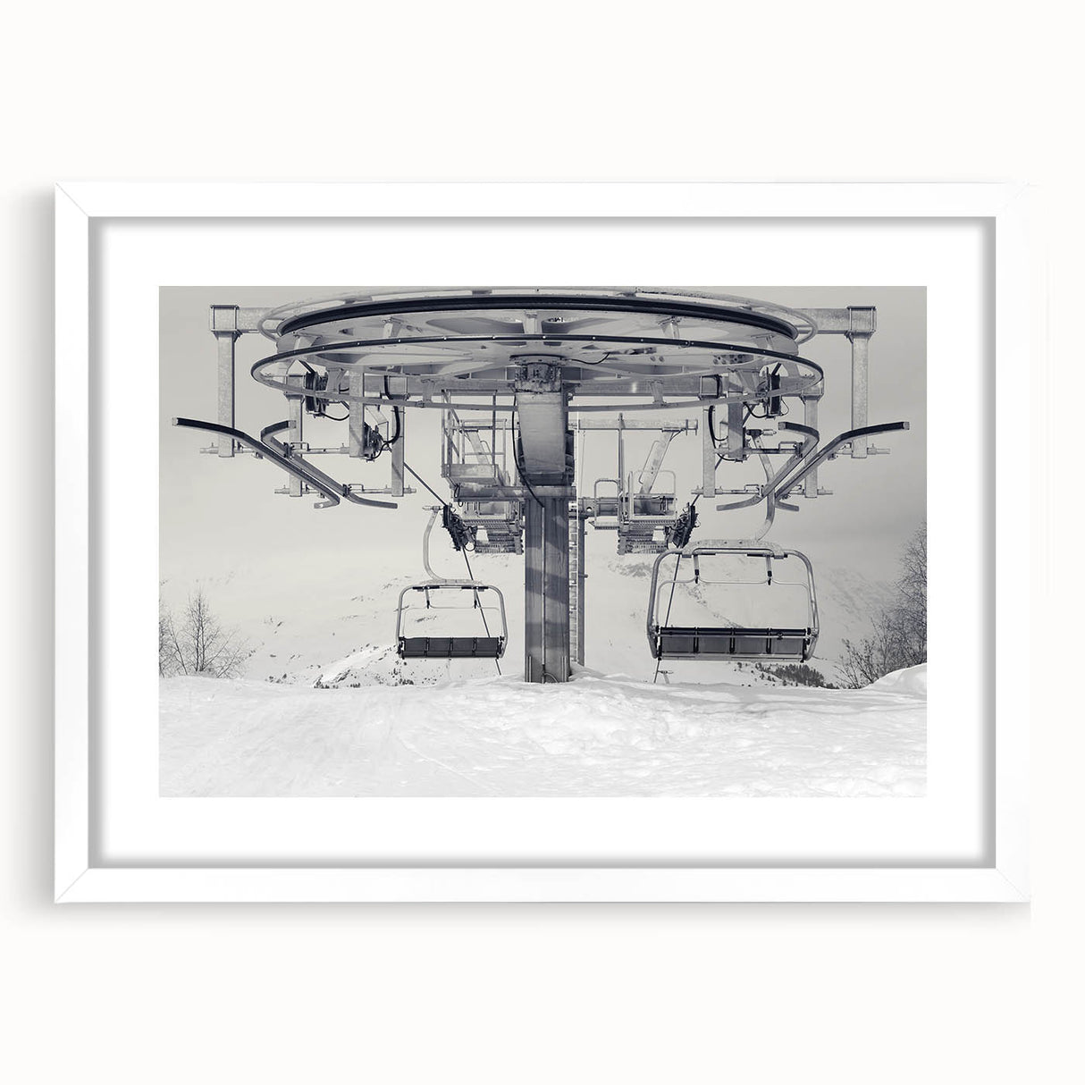 Abstract art print of service vehicles in muted gray and blue tones on a framed white canvas, suitable for dining room decor.