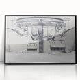 Large abstract wall art featuring a collection of mid-century modernist service vehicles in muted gray and blue tones.