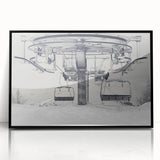 Large abstract wall art featuring a collection of mid-century modernist service vehicles in muted gray and blue tones.