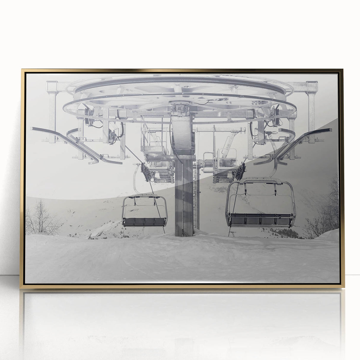 Mid-century modernist style art print of colorful service vehicles on acrylic, framed in gold.