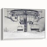 Vintage poster art of colorful service vehicles on a black background, framed canvas, suitable for living room decor.