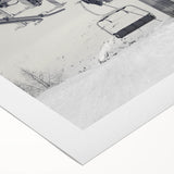 Art Deco poster of vintage vehicles in muted earth tones on rolled canvas, suitable for dining room decor.