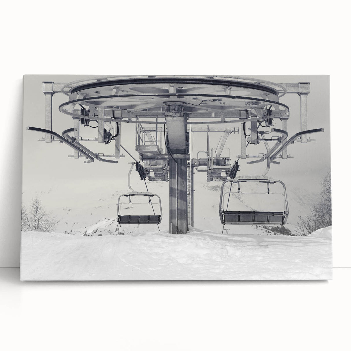 Black and white stretched canvas featuring a collection of vintage service vehicles, ideal for kitchen wall art.